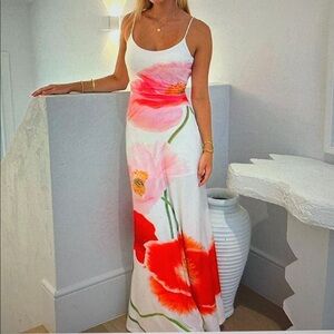 Floral Slip Maxi Dress - White with Pink & Red Blooms